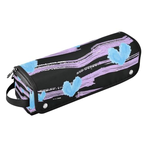 Bolsa organizadora para herramientas de cabello y tapete resistente al calor impermeable para plancha, rizador y secadora. Color morado con rayas azules y corazones.