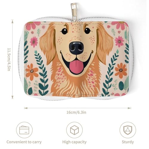 Womens Credit Card Wallet, Portable Mini Zipper Purse Golden Retriever Floral Dogs Card Holder Pu Leather Travel Organizer Bag3
