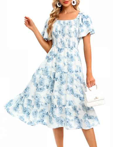 Image of Bbonlinedress Womens Casual Floral Summer Smocked Beach Party Boho Midi Square Neck Dress