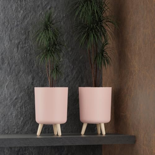Image of StyleX Store Modern Flower Pot with Plastic Legs | Indoor Outdoor Planter for Home Garden Balcony Decor Ribbed Design Sturdy Plastic Mid-Century Style (Blush Pink Pack of 2)
