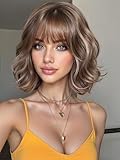 POUWENEY Ombre Brown Wig with Bangs 12Inch Long Curly Wavy Wigs for Women Begineer-friendly Synthetic Wig for Daily Party Holiday Use