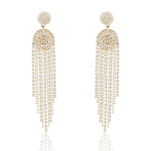 Elegant-Long-Rhinestone-Tassel-Dangle-Earrings-for-Women-14K-Gold-Plated-Chain-Drop-Earrings-with-925-Sterling-Silver-Posts-and-Sparkling-Cubic-Zirconia-Statement-Jewelry-for-Weddings
