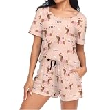 Design unico: set pigiama da donna con maglietta a maniche corte o collo. Classici pantaloncini da pigiama dritti, disponibili in diversi modelli tra cui cane, gatto, fiore, plaid, bradipo, fenicottero.