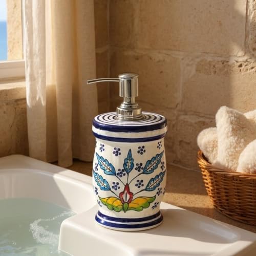 Image of Ceramic Soap Dispenser 330ml (Set of 1) | Multipurpose Lotion, Hand Wash & Liquid Soap Pump Bottle for Bathroom & Kitchen | Hand-Painted Blue & White Flower