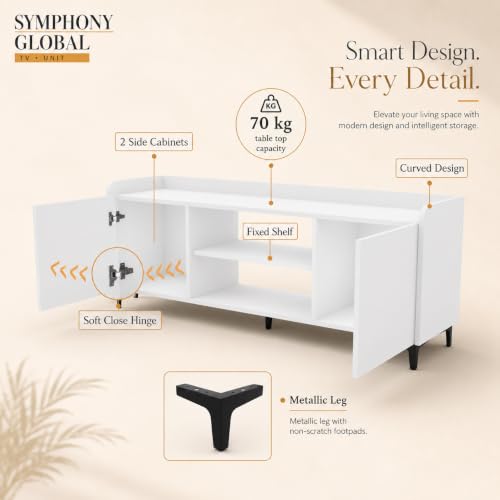 Image of Studio Kook Symphony Global 150 cm TV Unit, Moonshine White | 150 cm engineered wood TV cabinet for 40-65 inch TVs, with two side cabinets, open shelves and a 70 kg tabletop capacity.