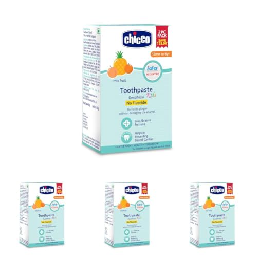 Image of Chicco Toothpaste Mix Fruit Flavour 50g (2 Pcs) | Fluoride-Free & Low Abrasive | Removes Plaque, Helps Prevent Cavities | IDA Accepted (1-6 Years) (Pack of 4)