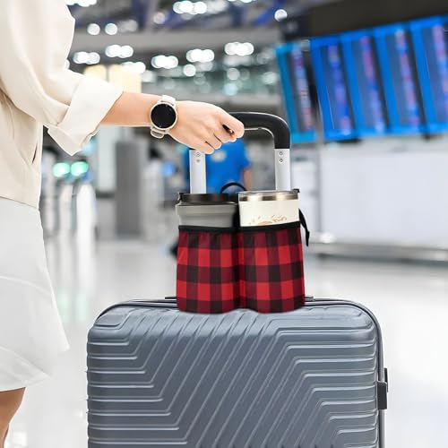Image of Luggage Cup Holder for Suitcases Free Hands Suitcase Cup Holder Travel Luggage Drink Holder Portable Luggage Cup Caddy Bag Carrier with Handle Red and Black Buffalo Plaid