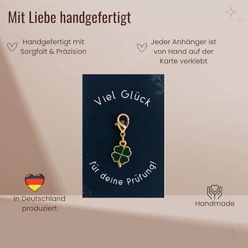 Milaboo® Kleeblatt Schlüsselanhänger mit Karte – Glücksbringer Geschenk für besondere Anlässe wie Prüfung, Reise, Einschulung, Operation, 12 Varianten, 55x85 mm (Prüfung)