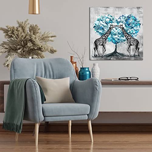 Artsbay Giraffe Wall Art Decor Funny Giraffe Couple Family With Teal Blue Trees In Black And White Animal Wall Decor Painting Pictures Canvas Print Framed For Home Living Room Kids Room Decoration #TOP4