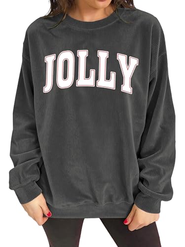 Image of ELDPS Christmas Sweatshirts for Women: Jolly Graphic Crewneck Sweatshirt Oversized Xmas Long Sleeve Pullover Tops, Grey, XL