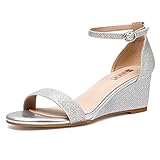 IDIFU Wedge Sandals Heels for Women Dress Shoes Open Toe with Ankle Strap for Wedding Bridal Evening Cocktail (Silver Glitter, 8 M US)