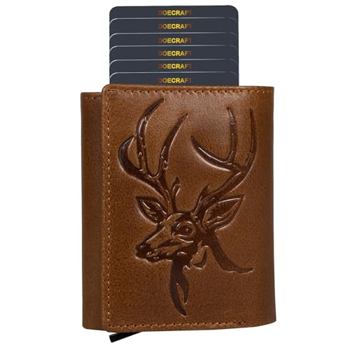 Image of Men's Genuine Leather RFID Wallet | Premium Slim Red Wallet for Men with Deer 3D Print | 8 Card Slots Secure and Durable Design | Casual Stylish | Formal & Gifting Use, Tan and Black