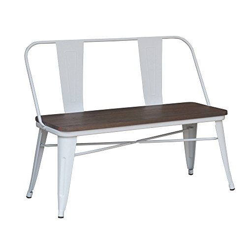 Mychichome Rustic Industrial Metal & Solid Wood Bench With Back In White #TOP2