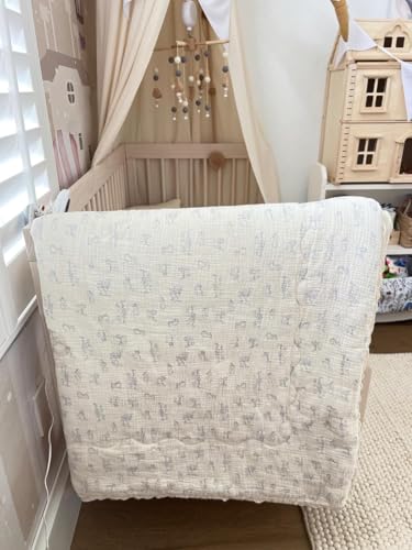Image of BuLuTu Boys Girls Toddler Bed Quilted Blanket Cotton Muslin Thin Summer Comforter for Twin Size Bed, Soft Breathable Kids Quilt with Lace Edges, 60x78 Inches, Blue Cat Pattern, No Pillow