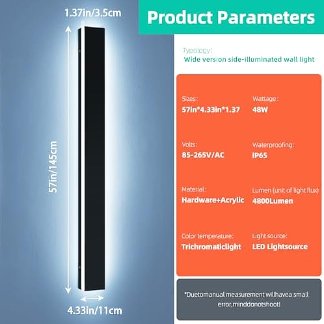 Upgrade Widened 2 Pack Long Outdoor Wall Lighting Fixture, 57inch Modern LED Wall Sconce, 3 Color 3000K/4500K/6000K, 50W, IP65 Waterproof, Black Exterior Light Fixture for Patio, Garden, Garage
