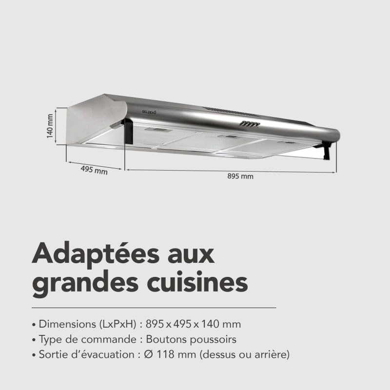 BELDEKO Hotte Casquette 90 cm Inox 420 m3/h 100W - Marque Française
