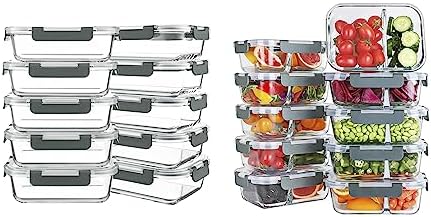 KOMUEE 10 Packs 30 oz Glass Meal Prep Continers Set with 1 & 2 Co...