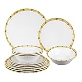 UPware 12 Piece Bamboo Melamine Dinnerware Sets, Outdoor Dishes Set, Plates and Bowls Sets, Service for 4, White