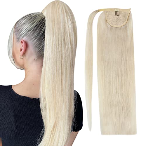 VeSunny 22  Ponytail Extension Blonde Real Hair Clip in Ponytail Hair Extensions #60 Platinum Blonde Remy Long Human Hair Pony Tail Extensions Wrap Around Hair Piece 80G Set