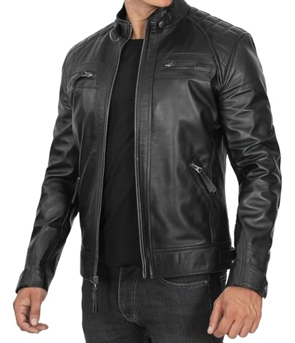 Image of Blingsoul Men's Leather Motorcycle Style Jacket - Quilted Cafe Racer Biker Style Jacket for Men