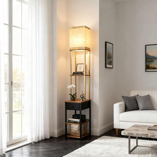 Image of Lightdot Floor Lamp with Shelves&Drawer, Black and Gold Sofa Lamp with Fabric Shade, Display Corner Floor Lamp with Storage Table for Living Room /Bedroom /Sofa Beside /Corner Decor(Bulb Include)
