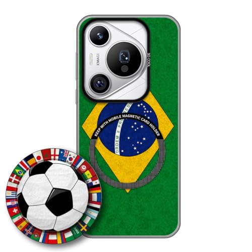 JGOYGYI Case for Huawei PURA 70 Pro with Magnetic Detachable Collapsible Grip Stand, Shockproof Silicone Bumper Cover, Brazil Flag Football Design,Pattern 3