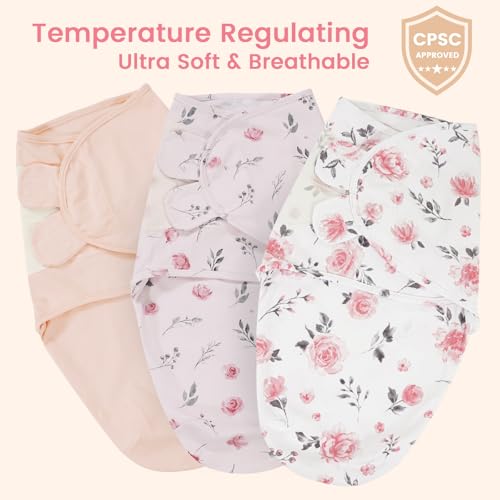 Image of david's kids 100% Cotton 3 Pack Baby Swaddle Wrap for 0-3 Months, Soft Breathable Swaddle Blanket for Newborn Infant, Adjustable Baby Wrap Sleep Sacks for Girls, Newborn Essentials, Pink Floral