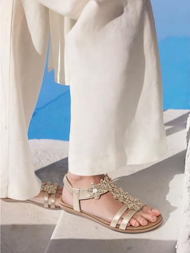 Image of SHIBEVER Dressy Flat Women Sandals: Comfortable Arch Support Womens Sandal | Summer Dress Flowers Boho Back Strap Open Toe Women's Sandals - All Day Comfort Walking Casual Wedding Woman Sandal Shoes