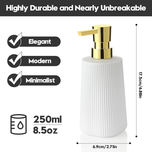 Image of Small Soap Dispenser for Bathroom and Kitchen, Modern Farmhouse Striped Style Plastic Hand Soap Dish Soap Dispenser with Pump Matte White and Gold