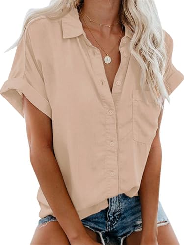 Friptspyg Bluse Damen Lässiges Kurzarm Hemdbluse Sommer V-Ausschnitt 100%...