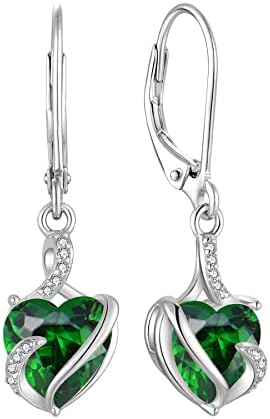 FJ Heart Birthstone Earrings for Women 925 Sterling Silver Leverback Dangle Drop Earrings Jewellery Gifts for Women Girls
