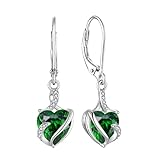 FJ Heart Birthstone Earrings for Women 925 Sterling Silver Emerald Earrings May Birthstone Leverback Dangle Drop Earrings Jewellery Gifts for Women Girls