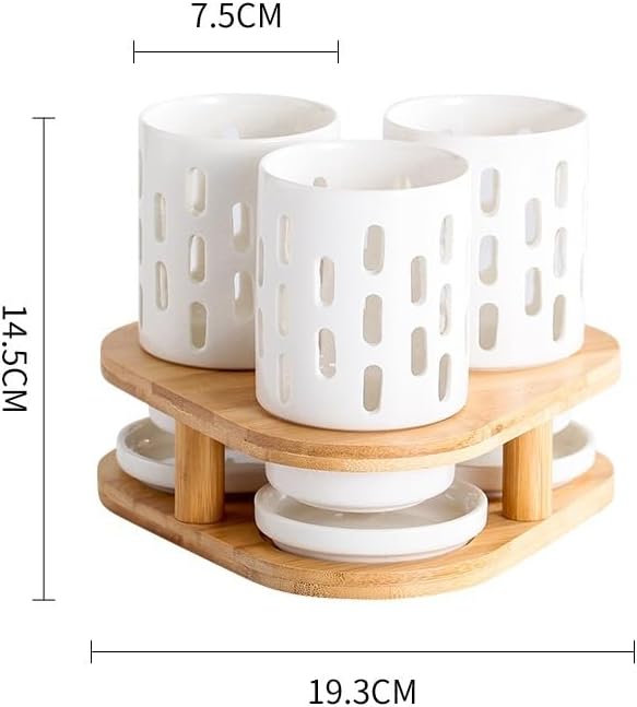 kitchen utensil holder 3 Pieces Ceramic Utensil Caddy with Bamboo Base, Creative Triangle Kitchen Silverware Caddy for Countertop, Cutlery Storage Organizer Drain Rack Cooking Utensil Holder(White-002