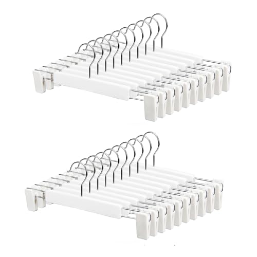 LATRAT Lot de 20 Cintres pour Pantalon, Cintres Porte-Jupes, avec 2 Clips réglables antidérapants, Crochets pivotants à 360,pour Pantalons Jupes Chaussettes sous-Vêtements ，Blanc