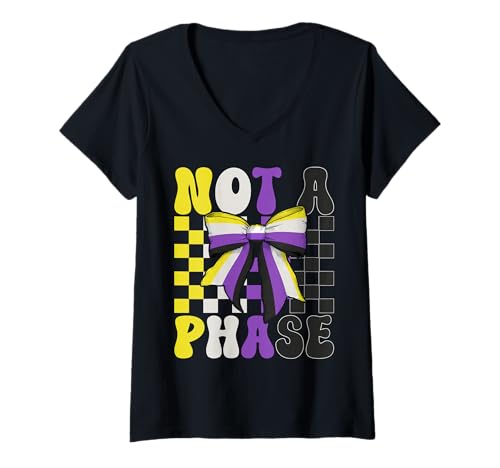 Womens Nonbinary Flag Pride LGBTQ Coquette Bow Not A Phase V-Neck T-Shirt
