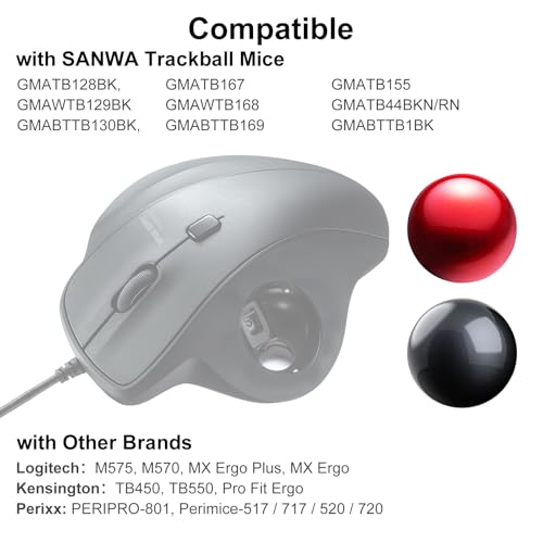 Image of SANWA 34mm /1.34in Trackball, Replacement Ball for Logitech m575, m570, MX Ergo, Perixx, Kensington, and Other Compatible Trackball Mouse, Glossy Black + Red, Set of 2