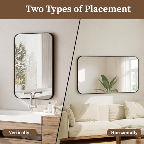 BEAUTYPEAK 20" x 28" Rectangular Aluminum Alloy Frame Wall Mounted Bathroom Mirror with Rounded Corners, Black - Image 5