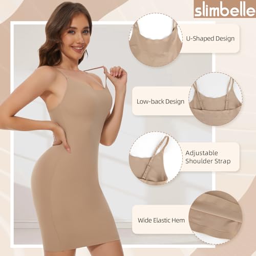 SLIMBELLE Miederkleid für Damen Nahtlose Unterröcke Shapewear Kleid Sexy Bauch Weg Figurformende Unterkleid Damen mit Trägern Shaping Full Slips (Beige,M)
