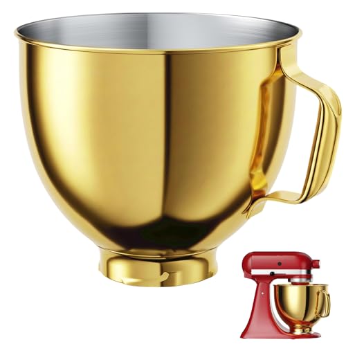 5 QT Food-Grade Stainless Steel Mixer Bowl Compatible With KITCHENAID TILT-HEAD STAND MIXERS 4.5-5 Quart, with Anti-slip handle & Prominent Clasp, Stainless Steel Polished, Gold