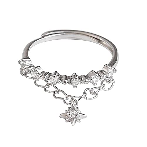 Dainty CZ Dangle Star chain Ring S925 Sterling Silver for Women Cubic Zirconia diamond Adjustable Statement Wedding Engagement Anniversary Rings Eternity Finger Band Dainty Jewelry Gifts for Her BFF