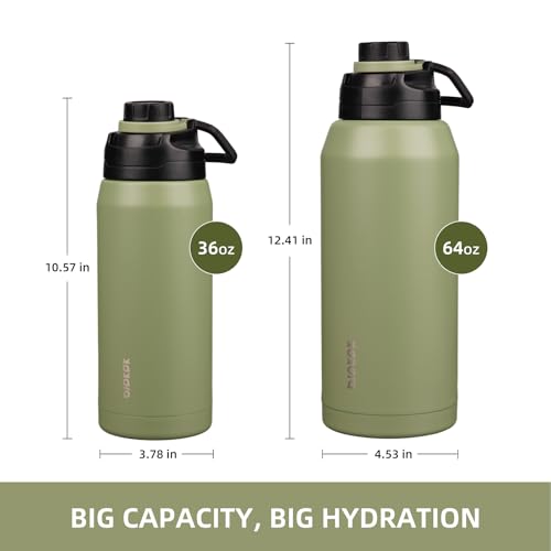 Image of BJPKPK 64 oz Half Gallon Water Bottle, Leakproof Insulated Stainless Jug | Double Wall Vacuum, Keeps Hot /Cold, Dishwasher Safe, Wide Mouth, Spout Lid, Carry Handle, Travel & Hiking, Forest Green