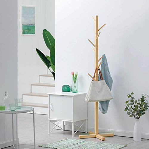 Image of Ash & Roh Wood Coat Rack Freestanding, Modern Standing Coat Stand Hanging For Jacket, Hat, Cloth, Purse, Hand-Bag - Hall Tree Entry Way, Farmhouse (Beige, 92-1), 50X50X165 Cm