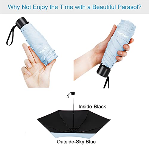 Image of TradMall Mini Travel Umbrella, 6 Ribs Portable Lightweight Compact Parasol with 95% UV Protection for Sun & Rain, Sky Blue