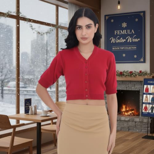 Image of Women Winter Wear V-Neck Half Sleeves Regular Fit Woollen Blouse