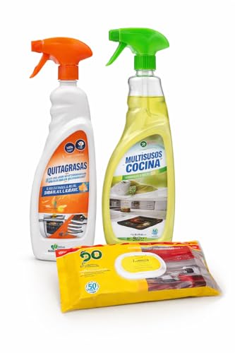 Kit Limpieza Cocina Completo – Quitagrasas 750 ml + Multisusos Cocina 750 ml + Toallitas Desengrasantes 50 uds – Pack 3 Productos