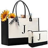 BeeGreen Christmas Gifts Initial Tote Bag-for-Women, Friends-Mother Gifts with Embroidery Initial Monogram, Large Canvas Tote Bag with Zipper Pockets Leather Handles J