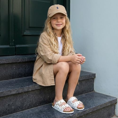 Image of CUSHIONAIRE Lily Girl Toddler Sandals with Adjustable Gold Tone Star Buckles and Cushioned Cork Footbed Slip On Girls Slides for Kids