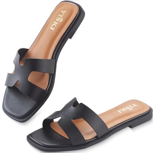 YTSKJ Sandals for Women 2026 dressy slides flat open toe comfortable soft leather slip on ladies casual wide width cute trendy shoes summer beach 8