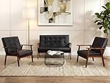 JIASTING Mid Century 1 Loveseat Sofa and 2 Accent Chairs Set Modern Wood Arm Couch and Chair Living Room Furniture Sets (8428 Black Set)