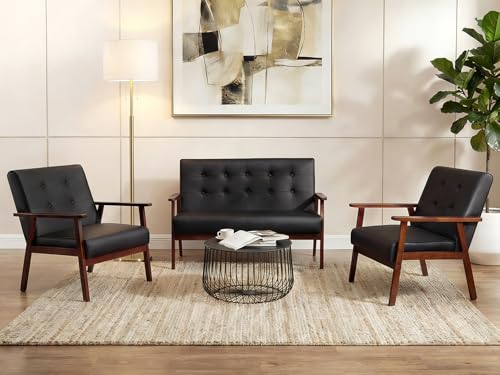 Image of JIASTING Wooden Loveseat Sofa and Accent Chair Set of 2, Office | Mid Century Modern, Tufted Backrest, Leather, 3 Pieces Living Room Furniture Set
